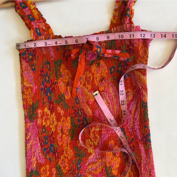 FARM Rio || Spring Bananas Smocked Mini Dress Pink Red XS - Picture 5 of 9